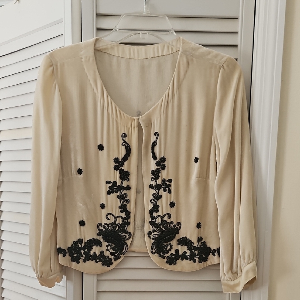 Megan Park Velvet Cream Cardigan with Black Beaded Floral Design